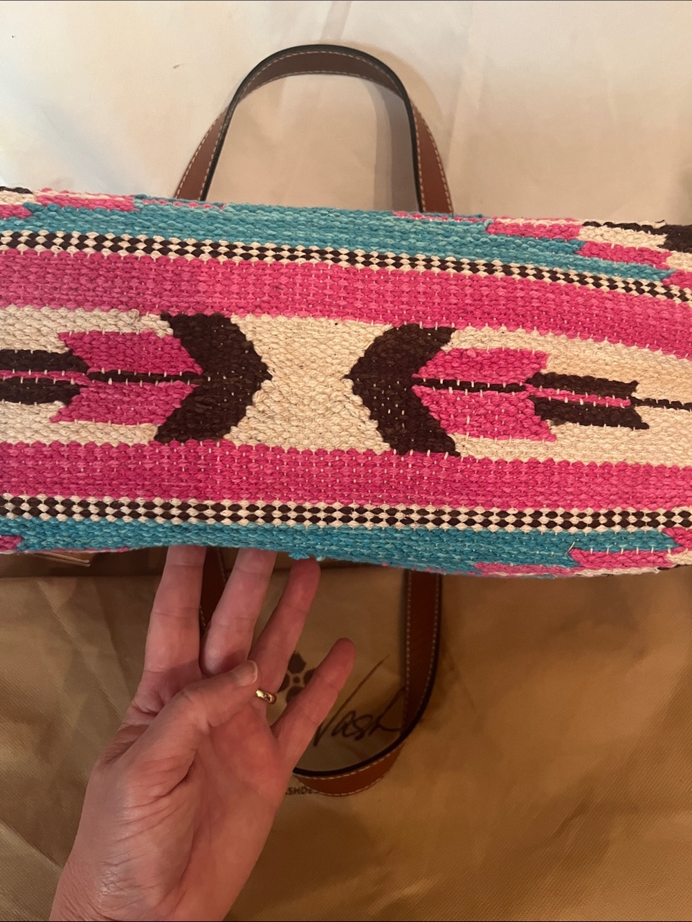 Patricia Nash Pink Turquoise Woven Stripe Tote with Brown Leather Handles - Picture 12 of 15